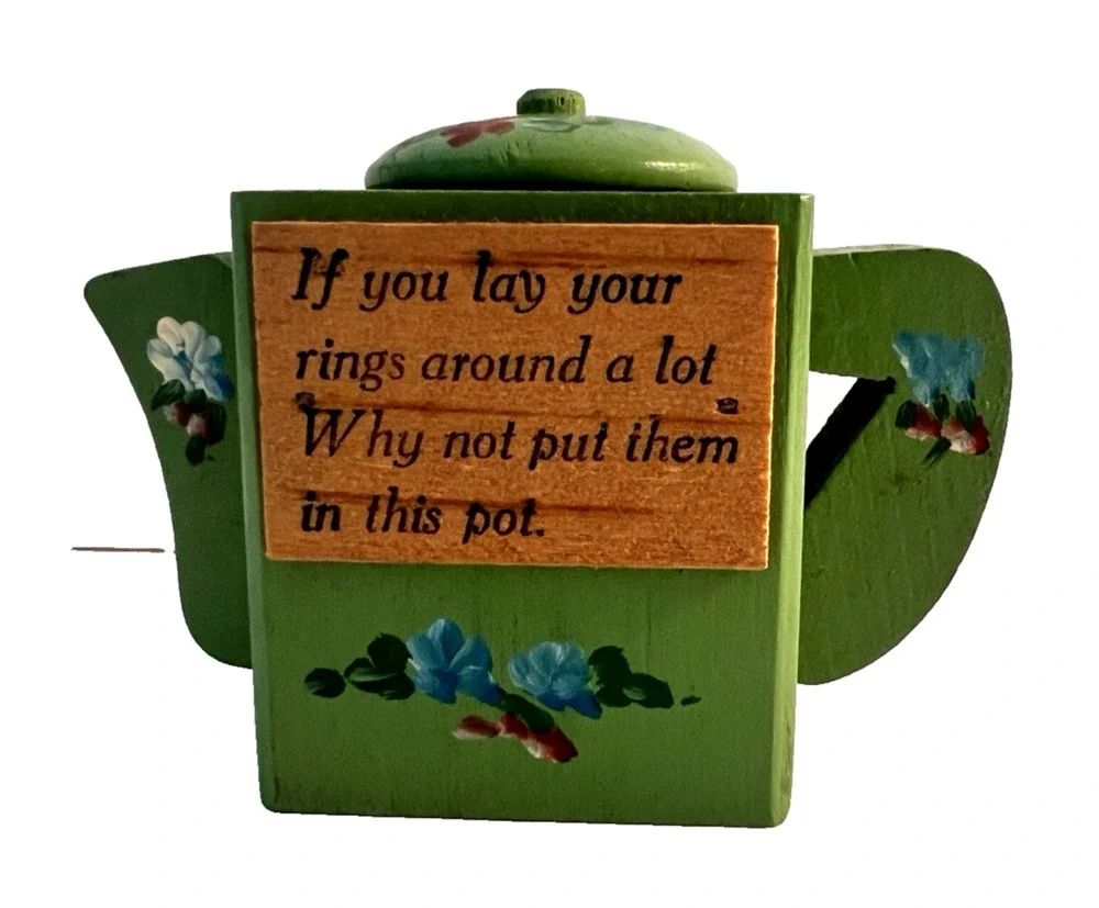 Primitive Hand Painted Floral Green Wooden Teapot Ring Holder Country UNIQUE VTG
